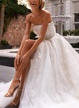 Chic A-line Strapless Tulle Lace Sweep Train Wedding Dresses Appliques Lace Split Front-Dbrbridal