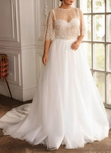 Chic A-line Sweep Train Chiffon Lace Wedding Dresses Plus Size-Dbrbridal