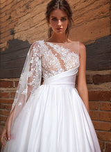 Chic A-line Sweep Train Satin Wedding Dresses Appliques Lace-Dbrbridal