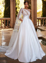 Chic A-line Sweep Train Satin Wedding Dresses Appliques Lace-Dbrbridal