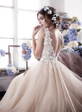 Chic A-line Tulle Scoop Neck Sweep Train Covered Button Wedding Dress Lace-Dbrbridal