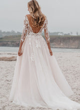 Chic A-line Tulle V-Neck Open Back Wedding Dress Featuring Appliques Lace-Dbrbridal