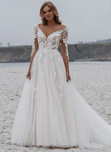 Chic A-line Tulle V-Neck Open Back Wedding Dress Featuring Appliques Lace-Dbrbridal