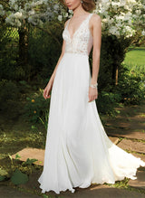 Chic A-line V-Neck Boho Garden Chiffon Wedding Dresses Appliques Lace-Dbrbridal