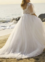 Chic A-line V-Neck Half Sleeves Lace Tulle Wedding Dresses Sequins Appliques Lace-Dbrbridal
