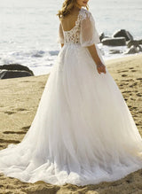 Chic A-line V-Neck Half Sleeves Lace Tulle Wedding Dresses Sequins Appliques Lace-Dbrbridal