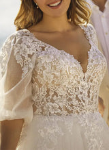 Chic A-line V-Neck Half Sleeves Lace Tulle Wedding Dresses Sequins Appliques Lace-Dbrbridal