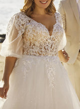 Chic A-line V-Neck Half Sleeves Lace Tulle Wedding Dresses Sequins Appliques Lace-Dbrbridal