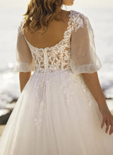 Chic A-line V-Neck Half Sleeves Lace Tulle Wedding Dresses Sequins Appliques Lace-Dbrbridal