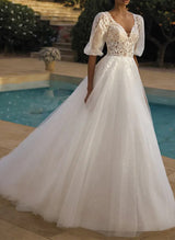 Chic A-line V-Neck Half Sleeves Lace Tulle Wedding Dresses Sequins Appliques Lace-Dbrbridal