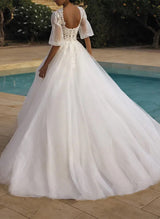 Chic A-line V-Neck Half Sleeves Lace Tulle Wedding Dresses Sequins Appliques Lace-Dbrbridal