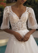 Chic A-line V-Neck Half Sleeves Lace Tulle Wedding Dresses Sequins Appliques Lace-Dbrbridal