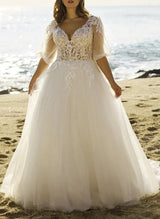 Chic A-line V-Neck Half Sleeves Lace Tulle Wedding Dresses Sequins Appliques Lace-Dbrbridal