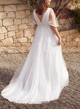 Chic A-line V-Neck Half Sleeves Sweep Train Lace Tulle Wedding Dresses-Dbrbridal