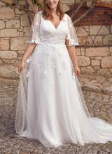 Chic A-line V-Neck Half Sleeves Sweep Train Lace Tulle Wedding Dresses-Dbrbridal