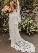 Chic A-line V Neck Lace Sweep Train Wedding Dresses Split Front-Dbrbridal