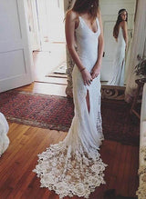 Chic A-line V Neck Lace Sweep Train Wedding Dresses Split Front-Dbrbridal