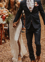 Chic A-line V Neck Lace Sweep Train Wedding Dresses Split Front-Dbrbridal