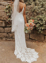 Chic A-line V Neck Lace Sweep Train Wedding Dresses Split Front-Dbrbridal