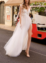 Chic A-line V-Neck Lace Tulle Wedding Dresses Split Front-Dbrbridal