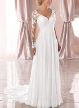 Chic A-line V-Neck Long Sleeves Chiffon Court Train Wedding Dress Lace-Dbrbridal