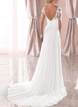 Chic A-line V-Neck Long Sleeves Chiffon Court Train Wedding Dress Lace-Dbrbridal