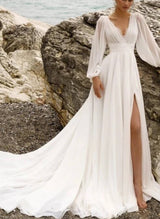 Chic A-line V-Neck Long Sleeves Chiffon Lace Court Train Bridal Gown-Dbrbridal