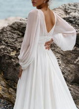 Chic A-line V-Neck Long Sleeves Chiffon Lace Court Train Bridal Gown-Dbrbridal