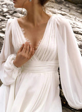 Chic A-line V-Neck Long Sleeves Chiffon Lace Court Train Bridal Gown-Dbrbridal