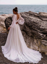 Chic A-line V-Neck Long Sleeves Chiffon Lace Court Train Bridal Gown-Dbrbridal