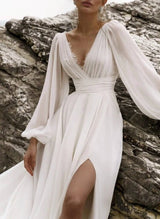 Chic A-line V-Neck Long Sleeves Chiffon Lace Court Train Bridal Gown-Dbrbridal