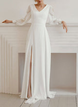 Chic A-line V-Neck Long Sleeves Chiffon Sweep Train Wedding Dress Split Front-Dbrbridal