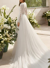 Chic A-line V-Neck Long Sleeves Court Train Chiffon Lace Wedding Dresses Split Front-Dbrbridal