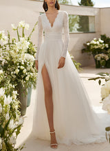 Chic A-line V-Neck Long Sleeves Court Train Chiffon Lace Wedding Dresses Split Front-Dbrbridal
