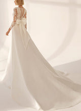 Chic A-line V-Neck Long Sleeves Court Train Satin Wedding Dresses Bows-Dbrbridal