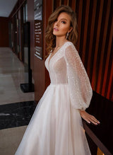 Chic A-line V-neck Long Sleeves Court Train Tulle Sequined Wedding Dresses-Dbrbridal