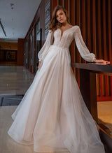 Chic A-line V-neck Long Sleeves Court Train Tulle Sequined Wedding Dresses-Dbrbridal
