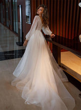 Chic A-line V-neck Long Sleeves Court Train Tulle Sequined Wedding Dresses-Dbrbridal