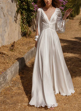 Chic A-line V-Neck Long Sleeves Floor-Length Wedding Dress in Silk Like Satin-Dbrbridal