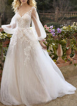 Chic A-line V-Neck Long Sleeves Lace Chapel Train Wedding Dresses Appliques Lace-Dbrbridal