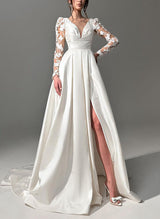Chic A-line V-Neck Long Sleeves Lace Satin Wedding Dresses Split Front-Dbrbridal