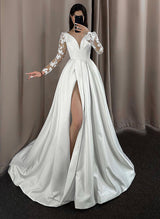 Chic A-line V-Neck Long Sleeves Lace Satin Wedding Dresses Split Front-Dbrbridal