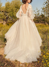 Chic A-line V-Neck Long Sleeves Lace Tulle Wedding Dresses-Dbrbridal