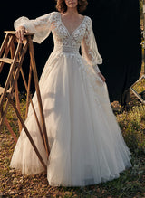 Chic A-line V-Neck Long Sleeves Lace Tulle Wedding Dresses-Dbrbridal