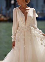 Chic A-line V-Neck Long Sleeves Organza Wedding Dresses Lace Appliques-Dbrbridal
