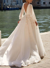 Chic A-line V-Neck Long Sleeves Organza Wedding Dresses Lace Appliques-Dbrbridal