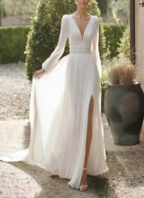 Chic A-line V-Neck Long Sleeves Sweep Train Chiffon Wedding Dresses Lace-Dbrbridal