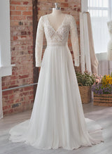 Chic A-line V-Neck Long Sleeves Sweep Train Wedding Dresses Appliques Lace-Dbrbridal