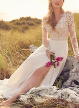 Chic A-line V-Neck Long Sleeves Sweep Train Wedding Dresses Appliques Lace-Dbrbridal