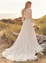 Chic A-line V-Neck Long Sleeves Sweep Train Wedding Dresses Appliques Lace-Dbrbridal